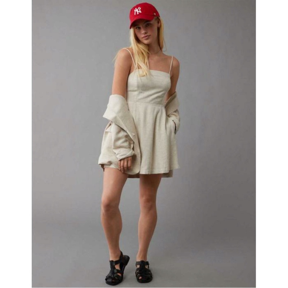 AEO Beige Square Neck Linen Blend Mini Dress
